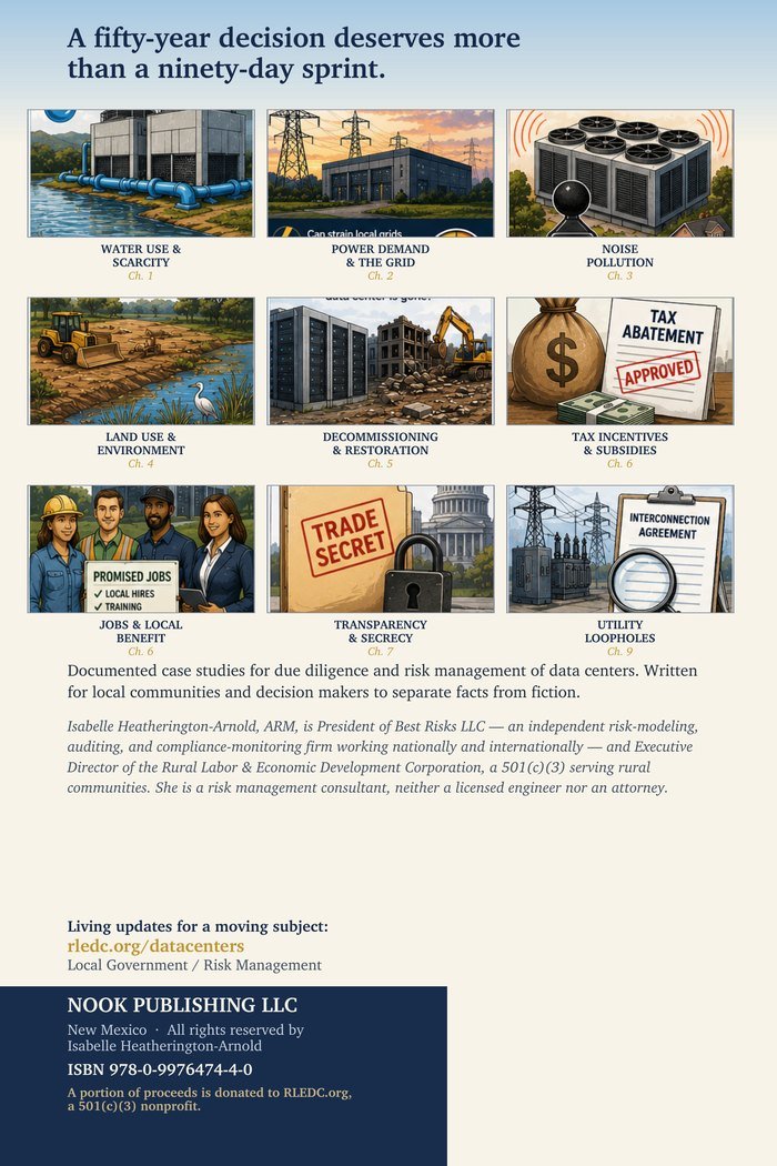 Back cover showing the nine due-diligence topics as illustrated panels: water use,
                power demand, noise, land use, decommissioning, tax incentives, jobs, transparency,
                and utility loopholes &mdash; each keyed to its chapter.