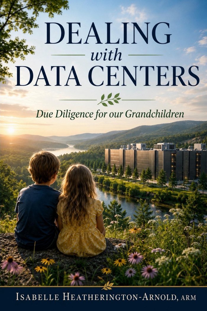 Front cover of Dealing with Data Centers: two children looking out over a river
                valley toward a data center campus at sunrise.